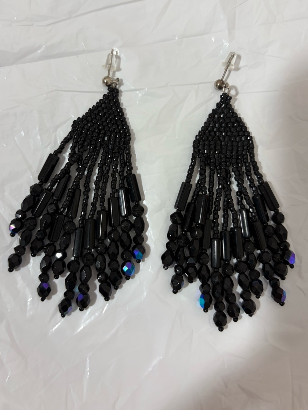 Black Beaded Fringe Drop Earrings